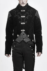 Manteau gothique pour homme en velours noir vintage à deux pièces fausses brodées